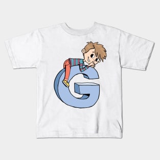 boy climbed up and lay down on the capital letter G Kids T-Shirt